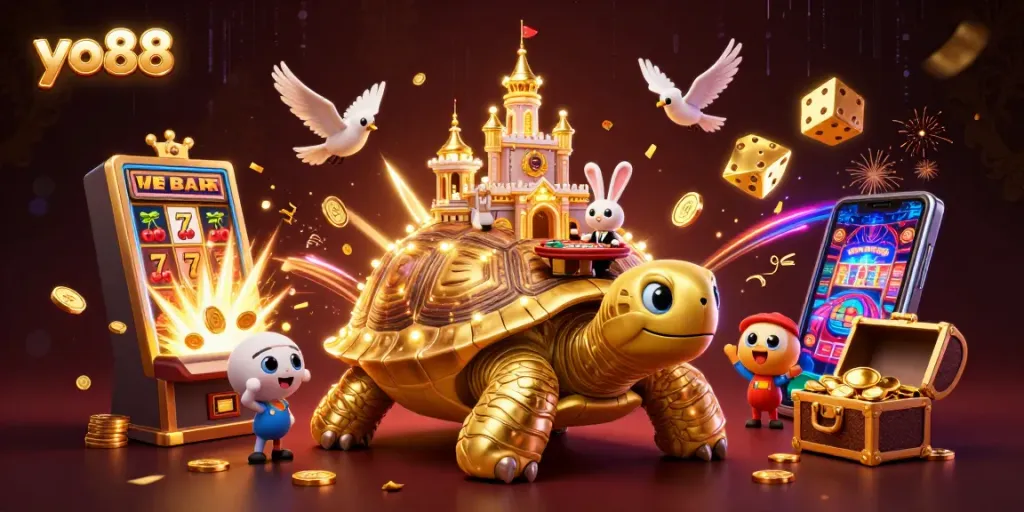 Experience the vibrant action at yo88 with a golden tortoise casino scene and dynamic jackpot animations.
