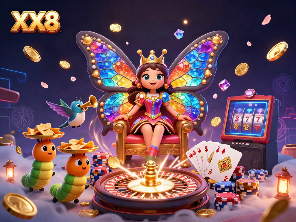 Experience thrilling gameplay at XX8 with a vibrant scene of a butterfly queen amidst casino excitement