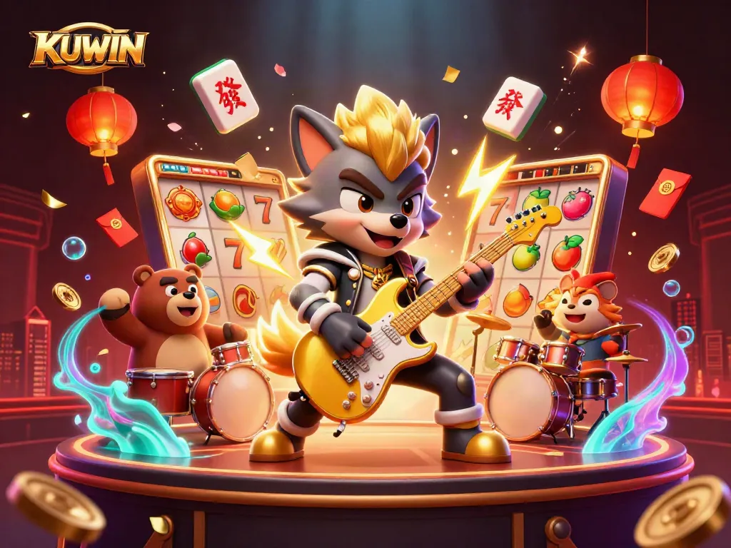 Kuwin's thrilling scene showcases a rock star wolf jamming at a vibrant casino stage with dynamic slot elements.