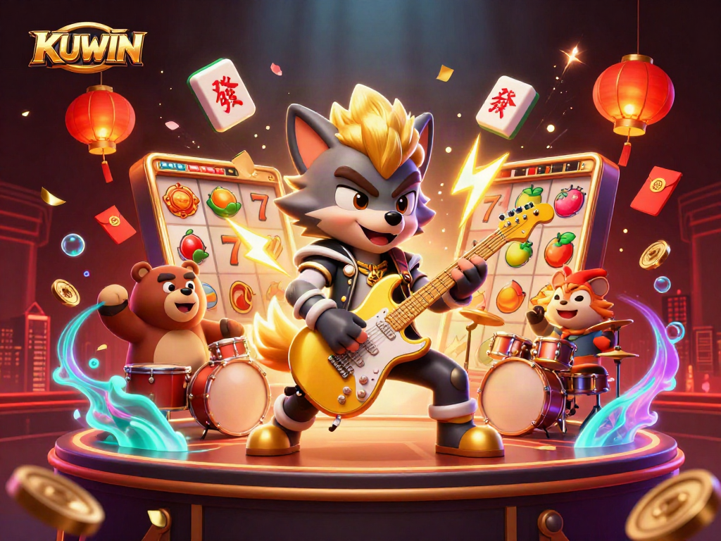 Kuwin's thrilling scene showcases a rock star wolf jamming at a vibrant casino stage with dynamic slot elements.