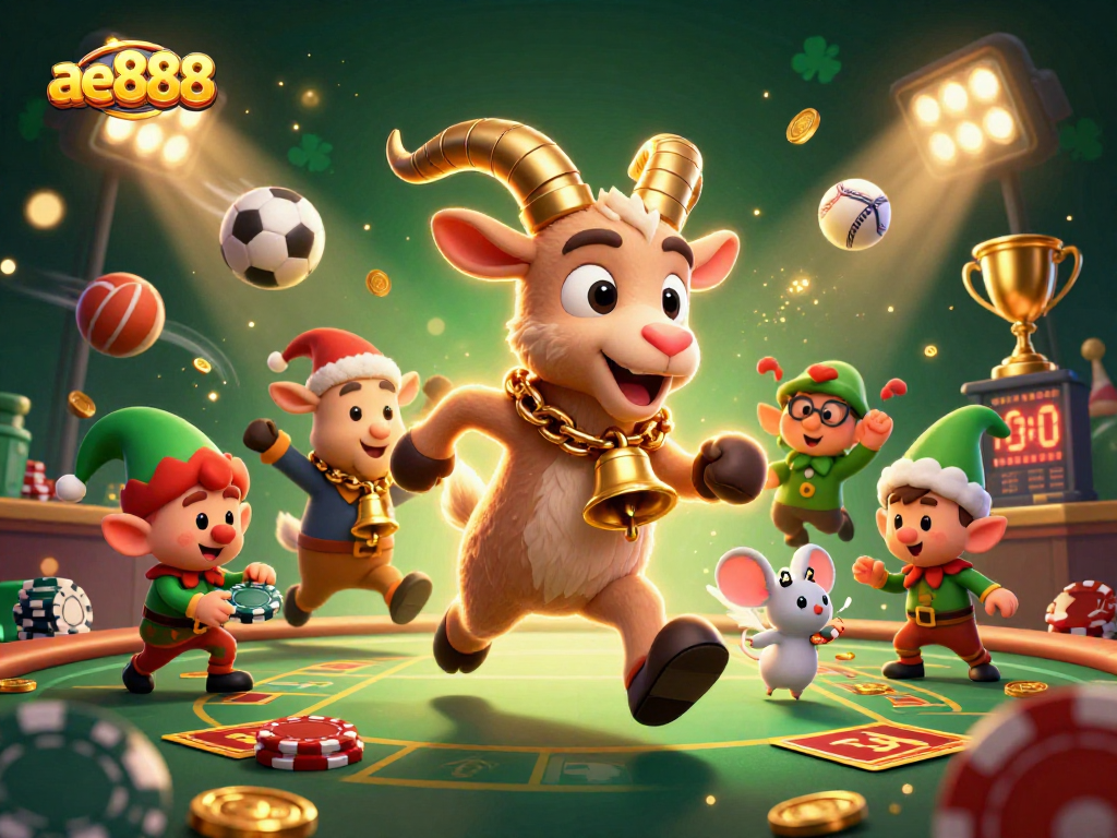 Experience ae888's thrilling casino atmosphere with festive characters and dynamic sports elements.
