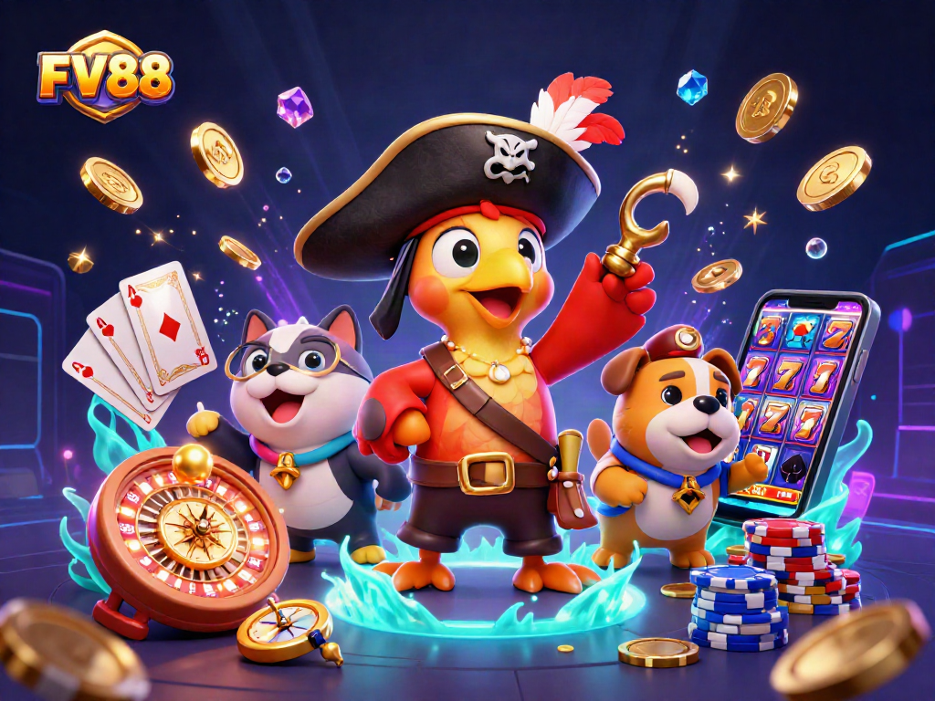 Spin and win on FV88 with a pirate theme, showcasing vibrant casino elements and golden treasures.