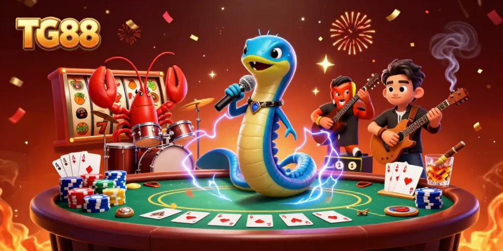 Experience thrilling moments at TG88 with an animated casino scene featuring lively characters and games.