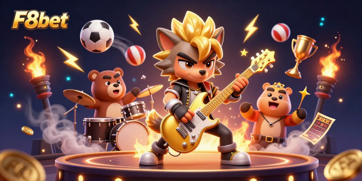 Engage with the thrilling energy of F8bet's vibrant casino atmosphere featuring cartoon characters and dynamic sports elements.