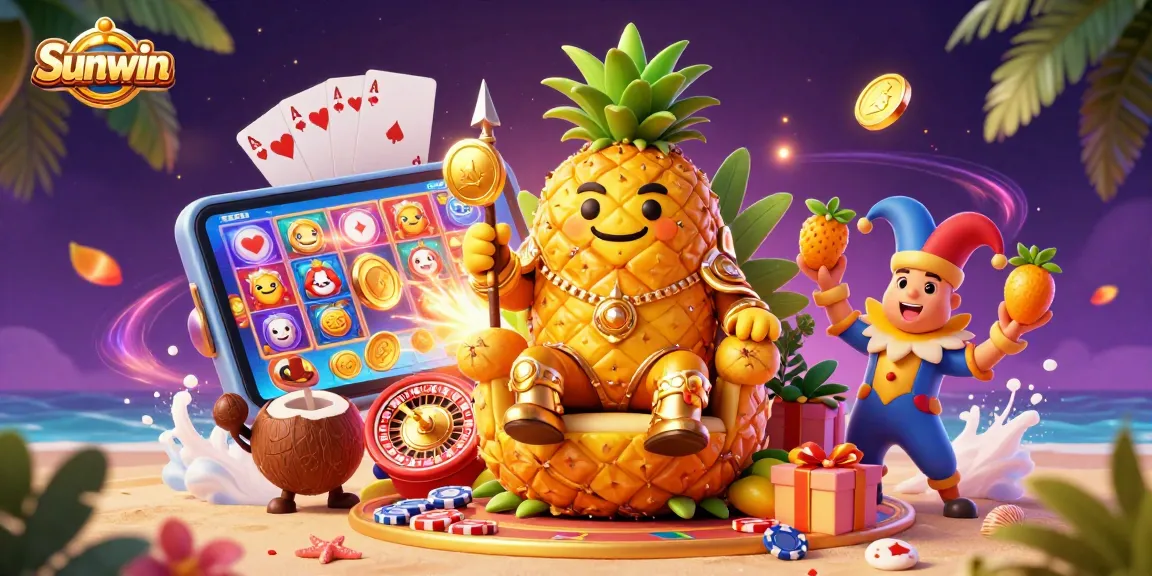 Engage with Sunwin's vibrant beach casino scene showcasing colorful slot games, golden coins, and exciting characters.