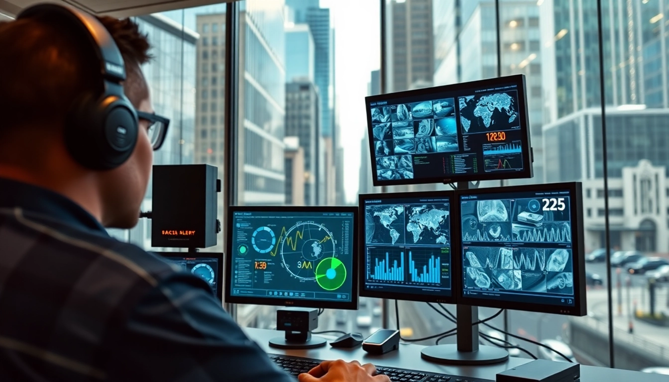 Monitor activities with video surveillance analytics displayed on multiple screens in a high-tech environment.