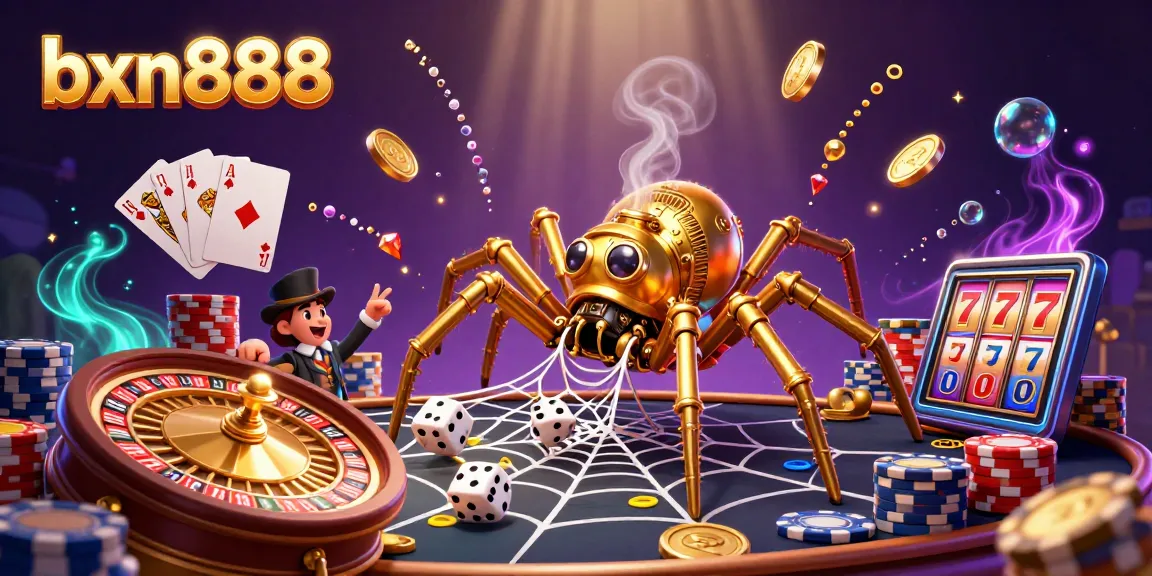 Experience the thrill of bxn888's casino magic with a playful steampunk spider and amusing fly gentleman!