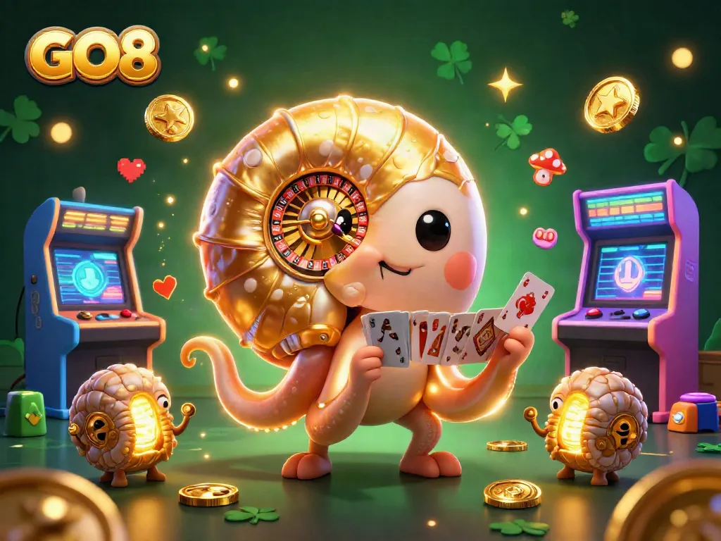 Experience GO8 casino thrills with a vibrant scene of a giant nautilus roulette and glowing arcade games.