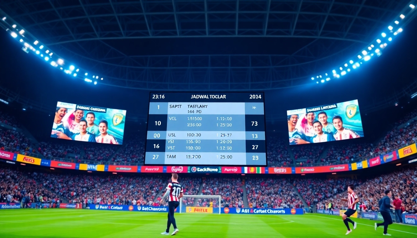 Jadwal bola ditampilkan pada layar LED dalam suasana stadion yang meriah.