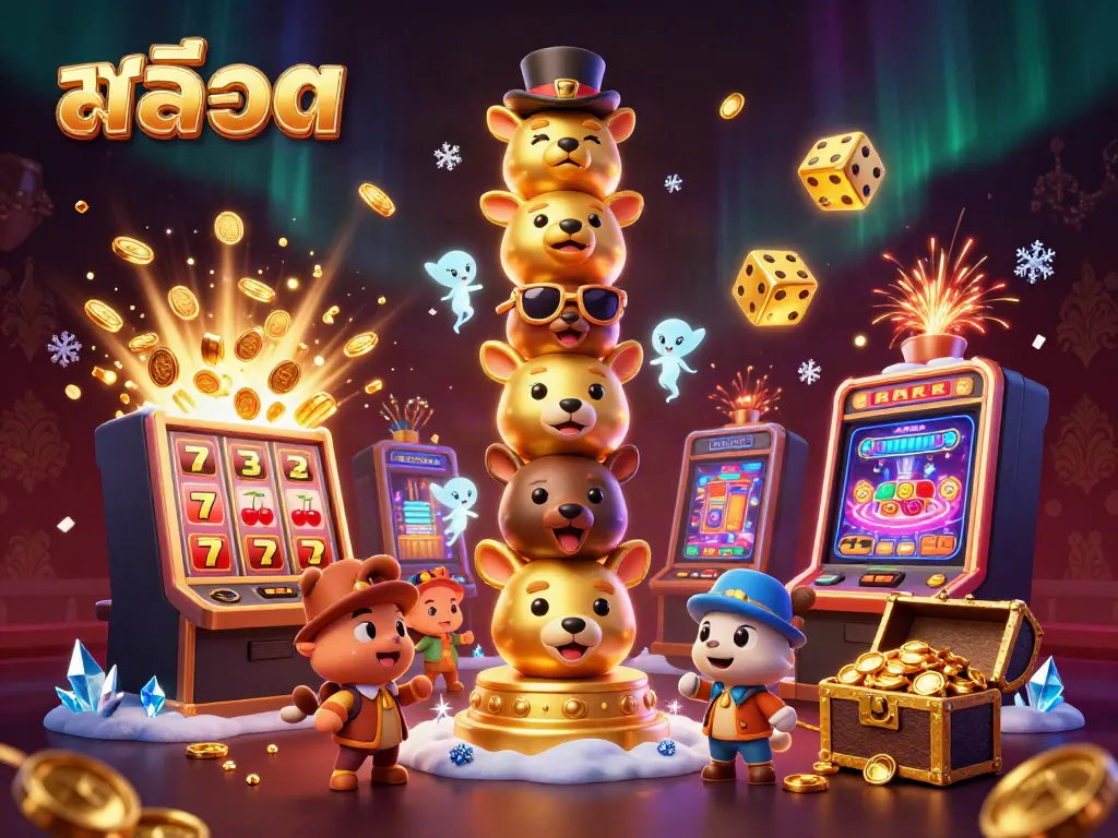 Engage with สล็อต in a vibrant 3D casino scene showcasing a golden totem, exploding slot machine, and treasure chest.
