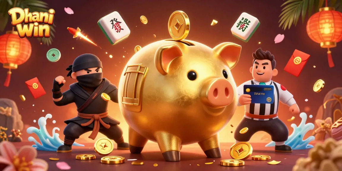 Dhani win promotes thrilling action with a golden piggy bank sumo wrestler in an engaging gaming scenario.
