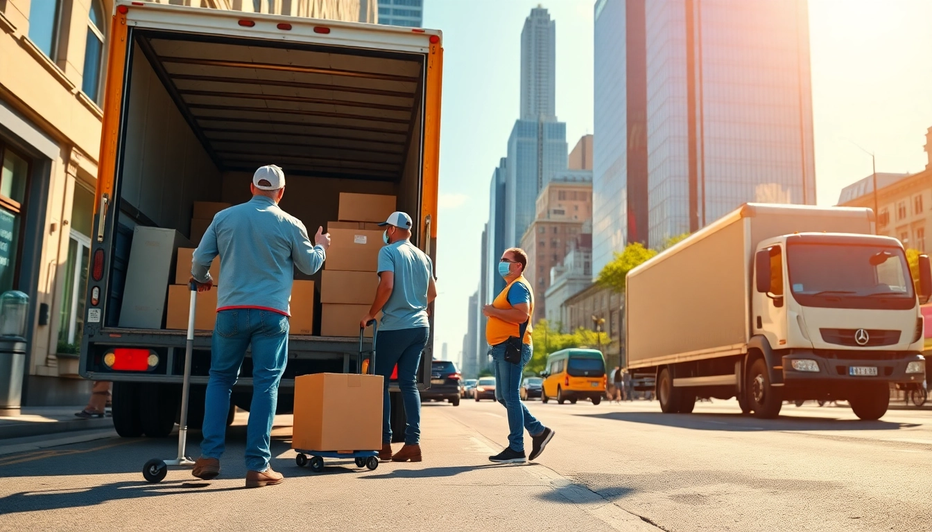 Local movers near me packing a truck in a busy urban environment.