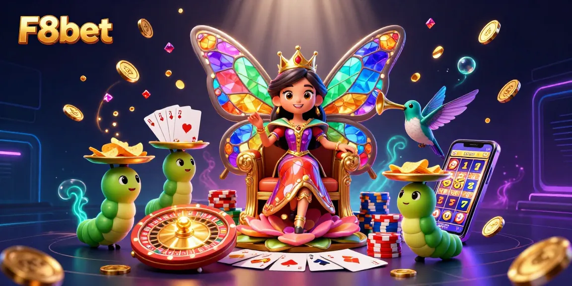 Experience vibrant gameplay with the F8bet butterfly queen amidst gleaming casino elements.