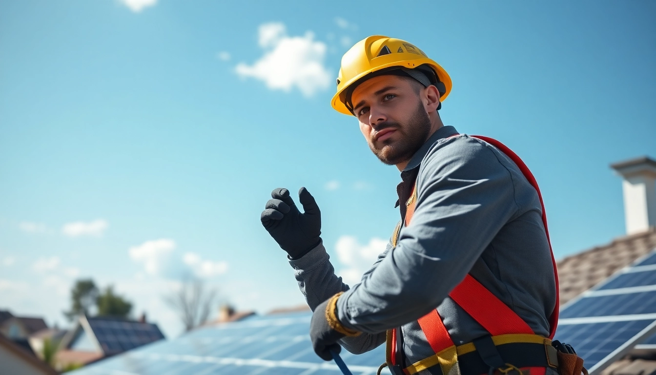 Technician conducting emergency solar panel repair on rooftop, showcasing professionalism and safety.