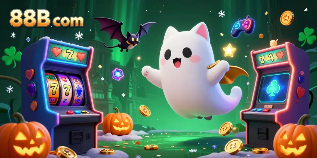 Engage with thrilling games at 88B com, featuring a lively ghost cat in a vibrant haunted casino.