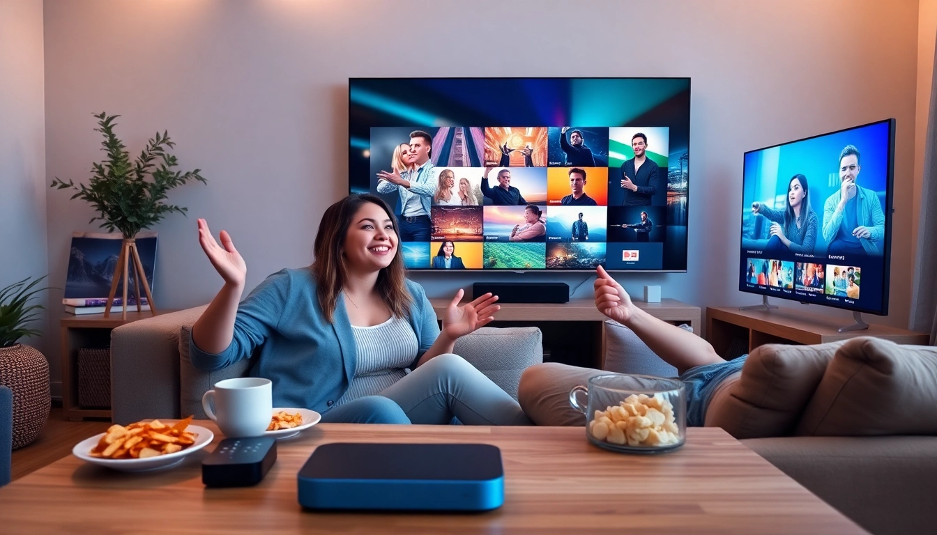 Experience FREE IPTV Trial with a young couple enjoying streaming in their cozy living room.