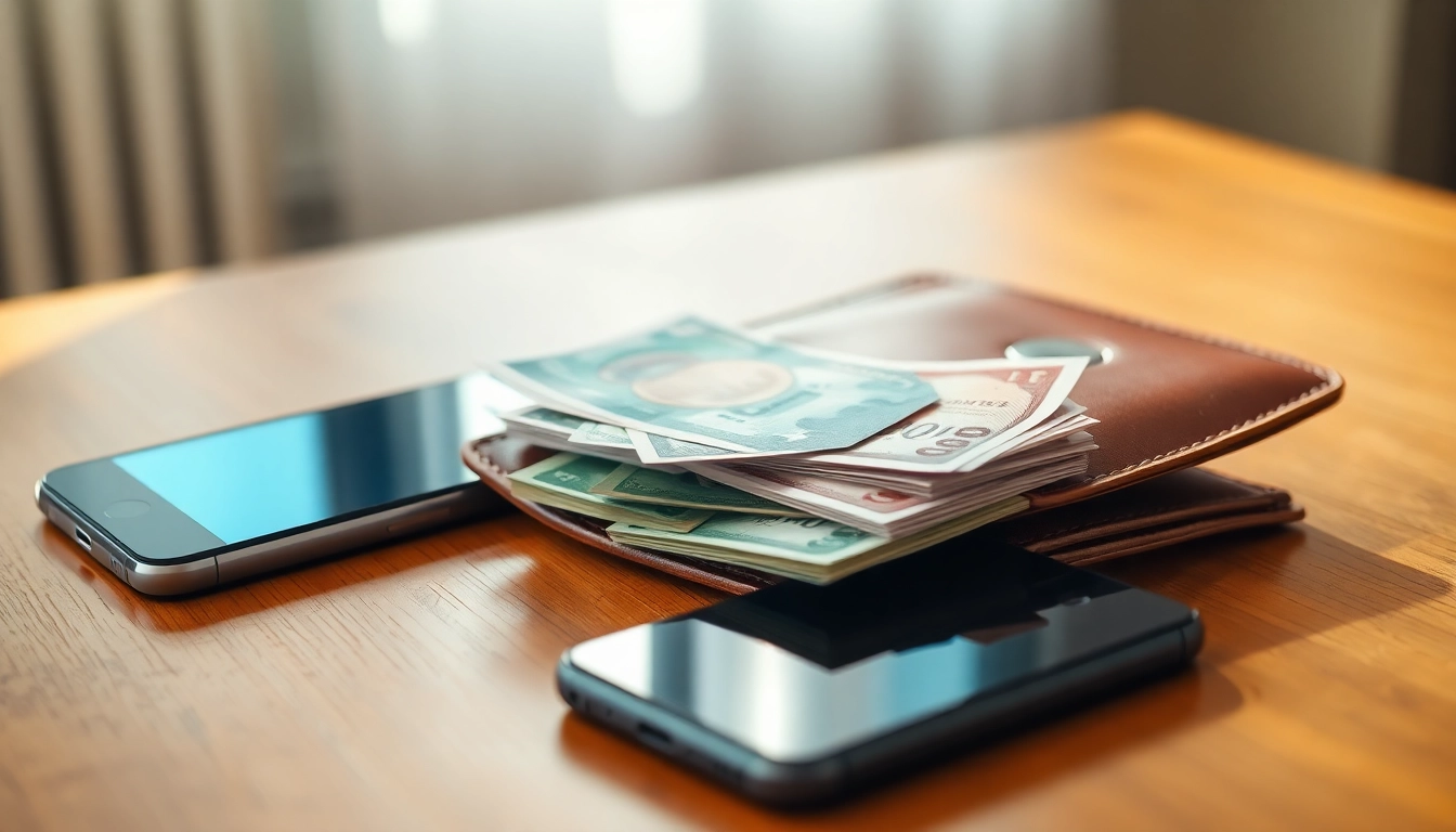 Instant phone cash exchange with a stylish wallet and smartphone on a wooden table.