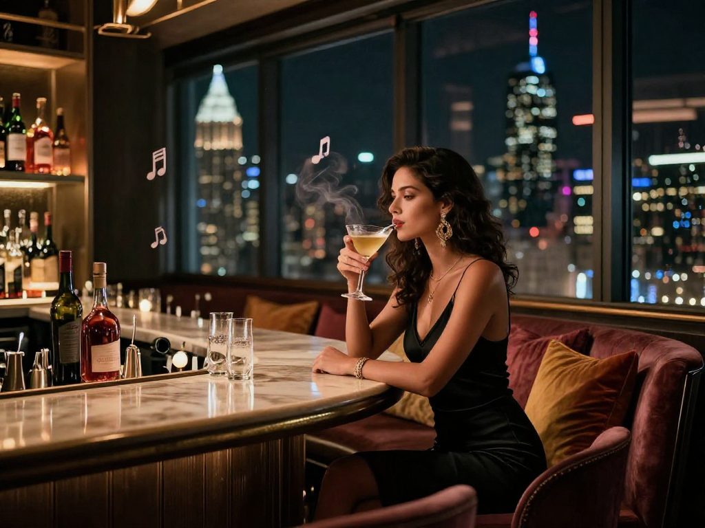 Người phụ nữ thanh lịch trong bar tối với cocktail, thể hiện gái gọi đầy quyến rũ.
