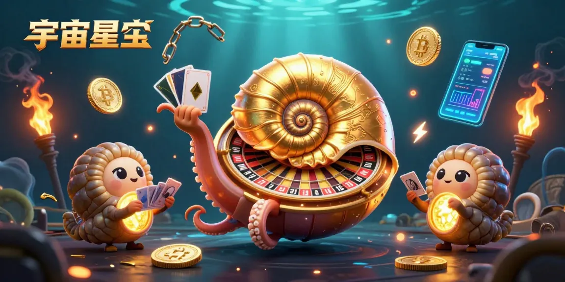 在宇宙星塵娛樂城中,3D章魚拿著多副牌,與發光的古生代夥伴一起進行賭局。