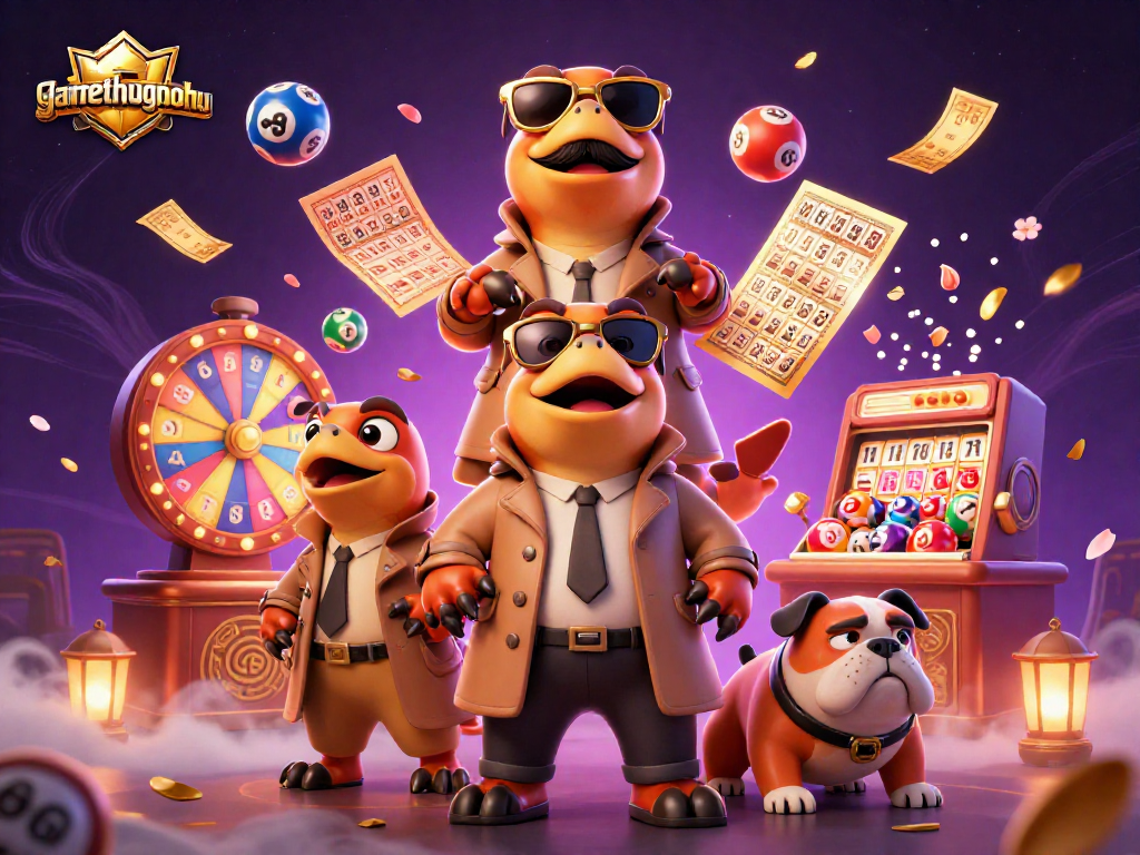 Experience the fun of gamethuongnohu with a whimsical illustration of raptors in a trench coat entering a casino.