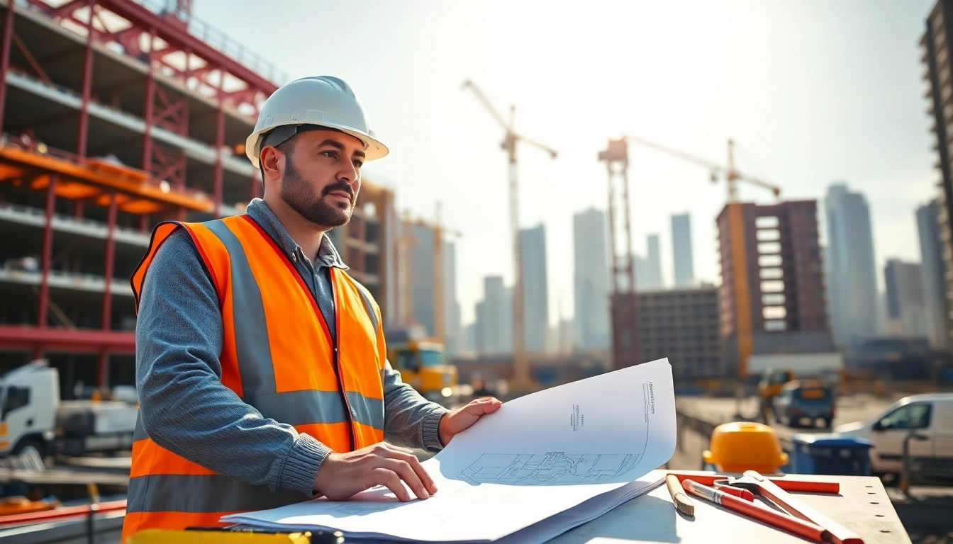Manhattan Construction Manager analyzing project plans at a lively construction site.