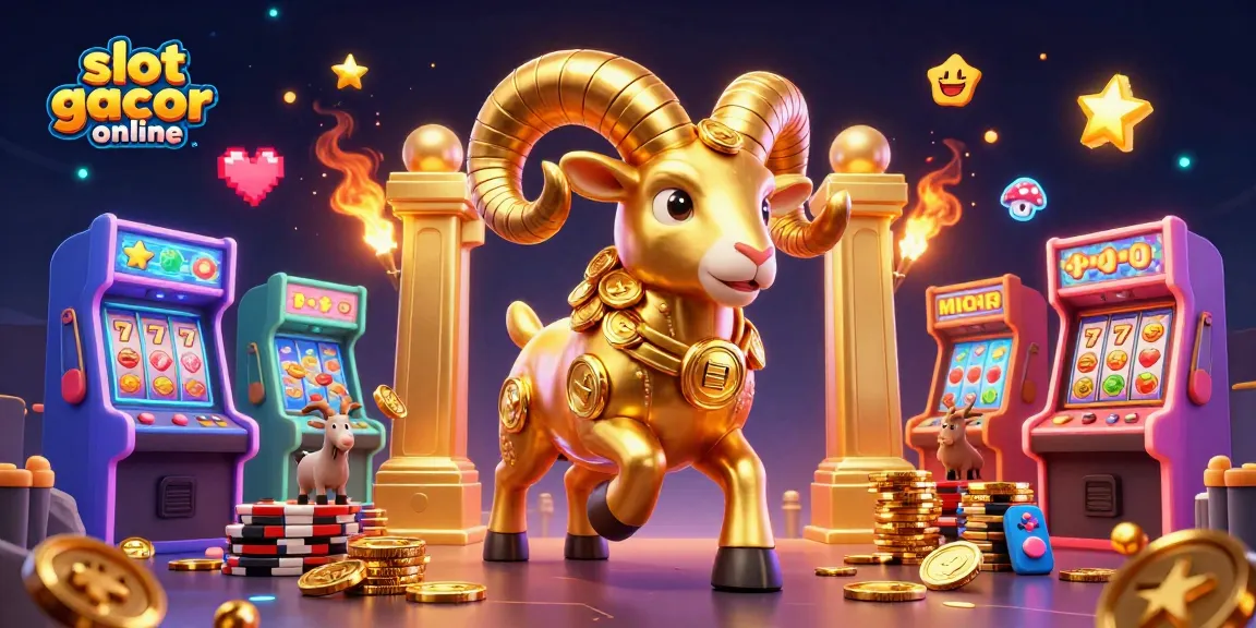 Bermain slot gacor online dengan ram emas raksasa dan simbol permainan menarik lainnya di latar belakang keceriaan.