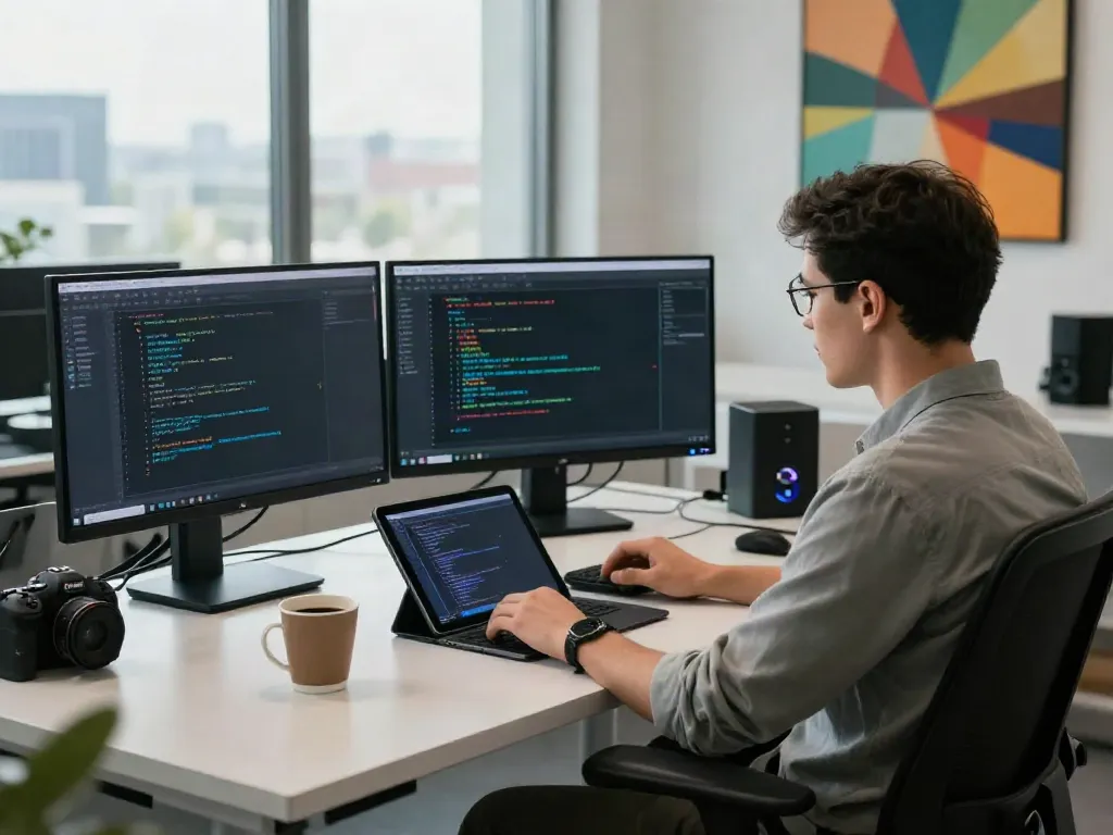 Engaging workspace focused on the AI Token Economy with individual coding on multiple screens.