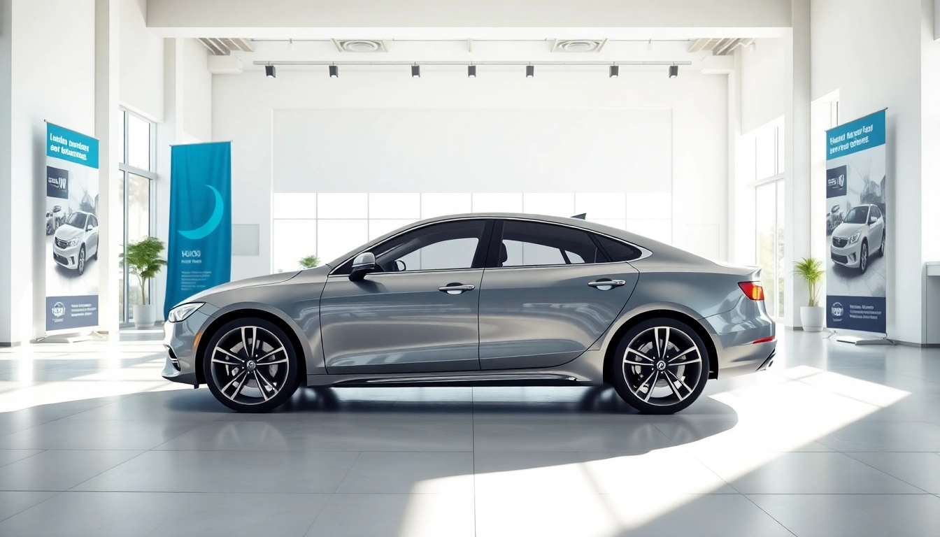 Buy New Car showcased in a modern dealership with bright lighting and inviting atmosphere.