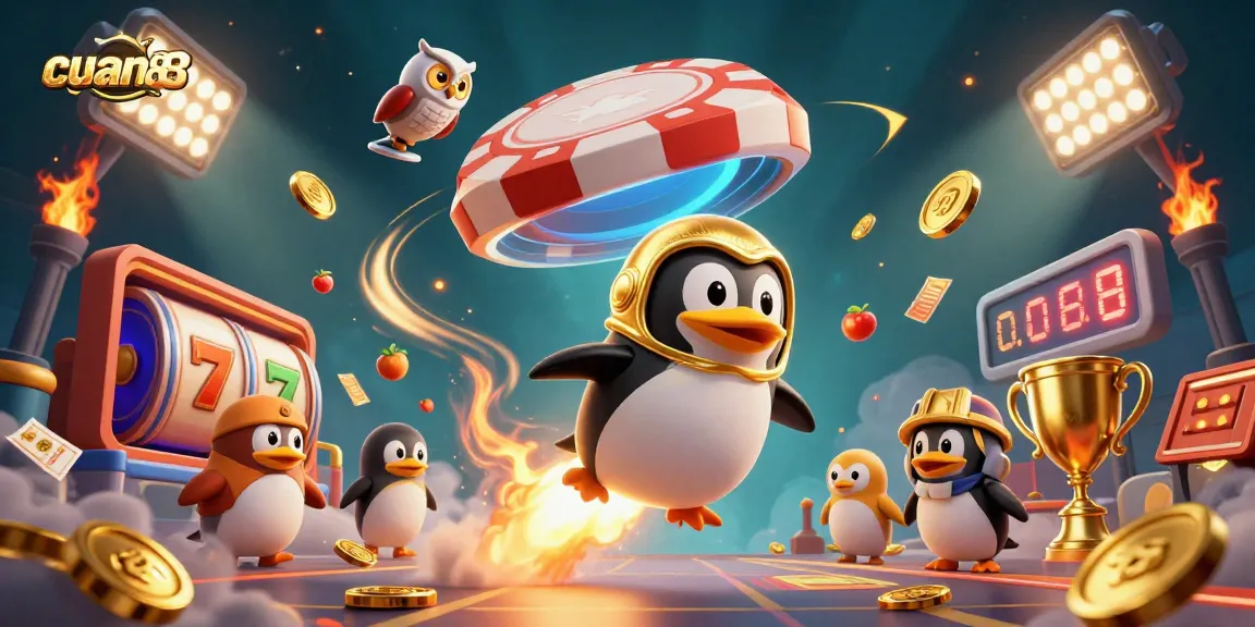 Gambarkan aksi menarik cuan88 dengan penguin emas meluncur di luar angkasa.