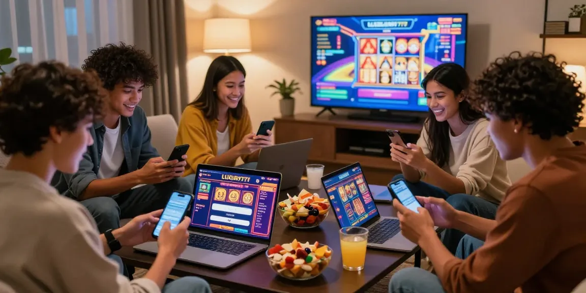 Beberapa teman mencari Login LUXURY777 sambil menikmati permainan slot online di ruang tamu yang nyaman.