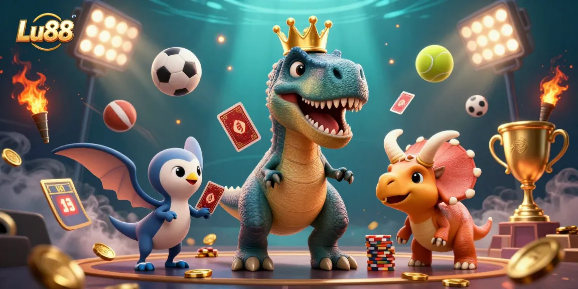 Experience thrilling gameplay at Lu88 as cartoon dinosaurs engage in gambling with cards and chips.