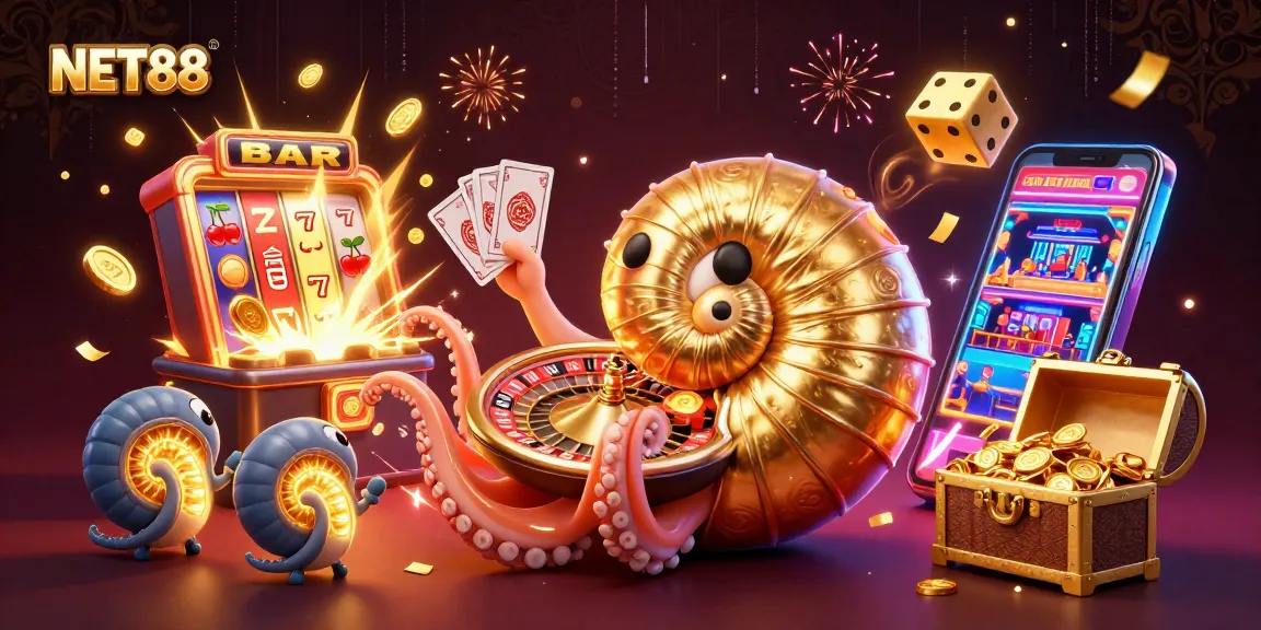 NET88 showcases a vibrant casino scene with a giant nautilus holding cards and slot elements bursting with jackpots.