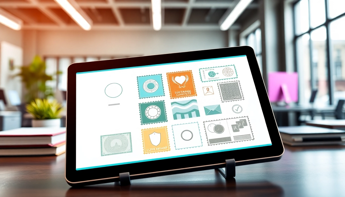Create digital stamp cards displayed on a tablet in a bright, modern office workspace.