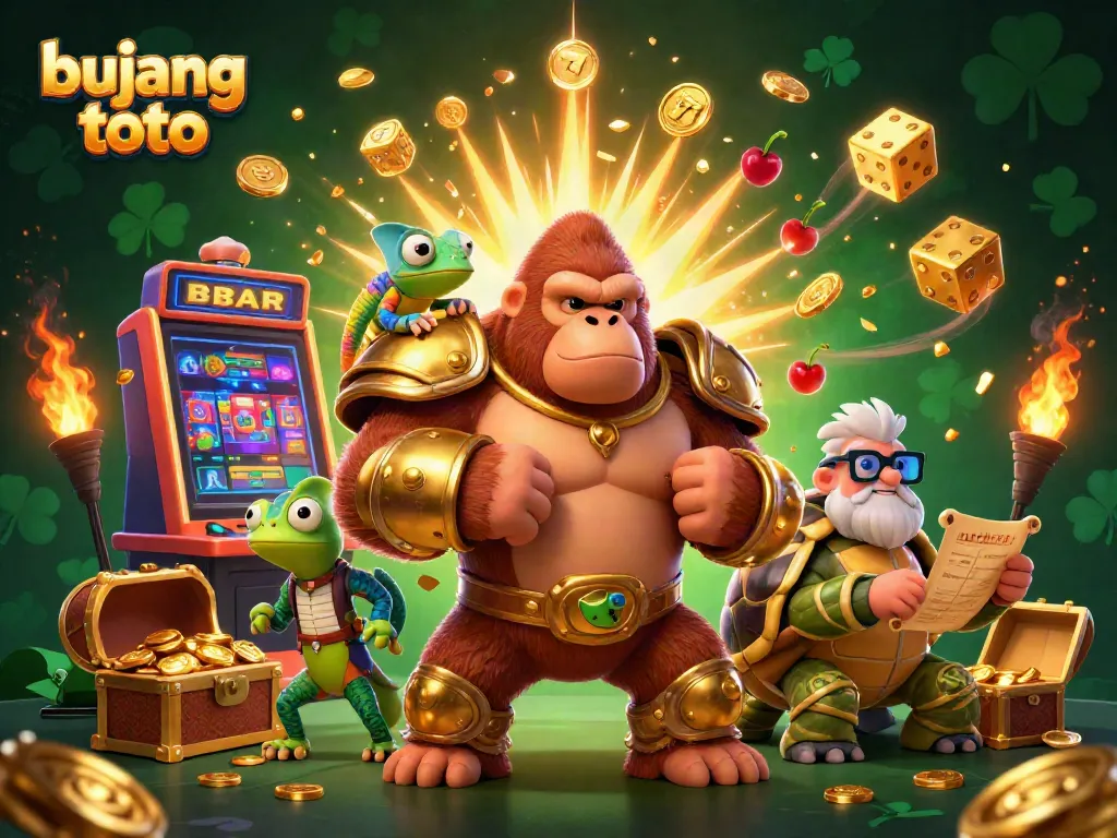 Experience the excitement of bujang toto with the gorilla king, chameleon, and tortoise amidst casino scenes and colorful elements.