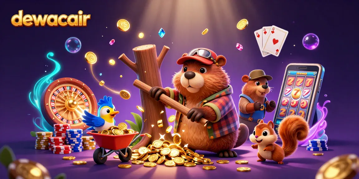 Experience gaming excitement with dewacair as the lumberjack beaver and friends celebrate a jackpot of coins and gems.