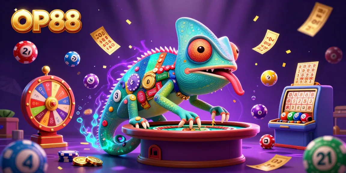 Experience the excitement of OP88 with a vibrant 3D illustration full of dynamic gambling elements.
