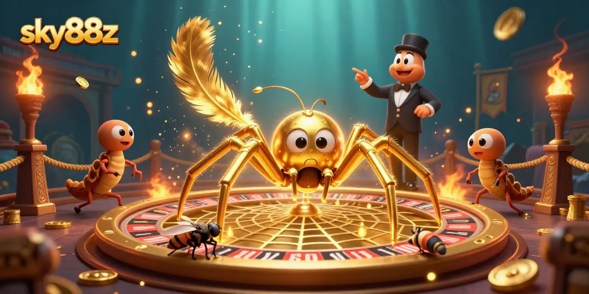 Bet with confidence at sky88z, where golden spider spins fortune amidst vibrant casino elements.