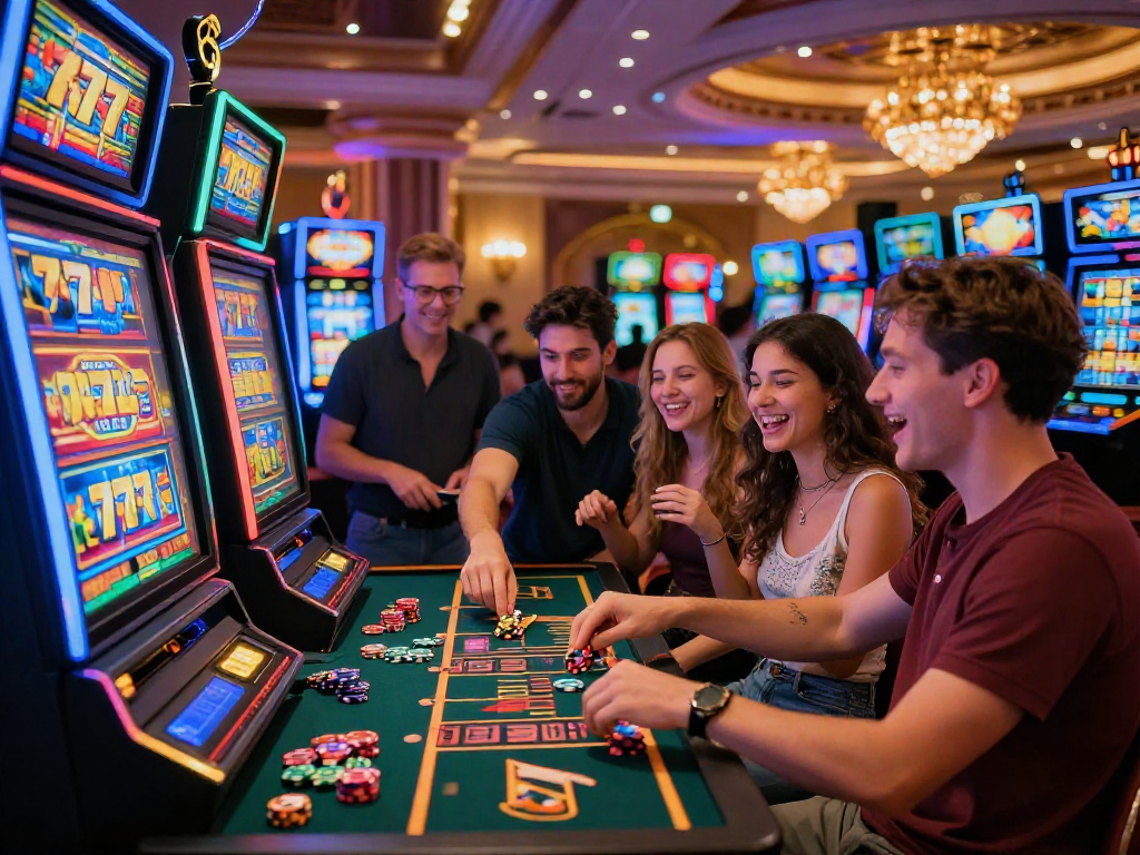 Kelompok teman merayakan kemenangan di mesin slot777 di kasino yang ramai.