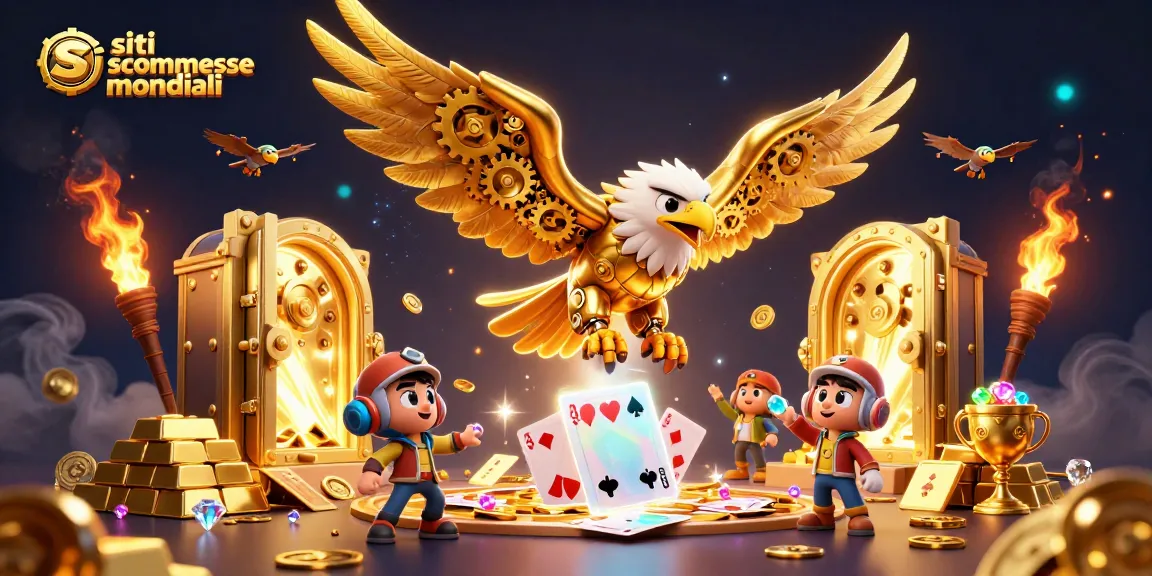 Scommetti nei siti scommesse mondiali con un'aquila cybernetica tra carte e gioielli d'oro.