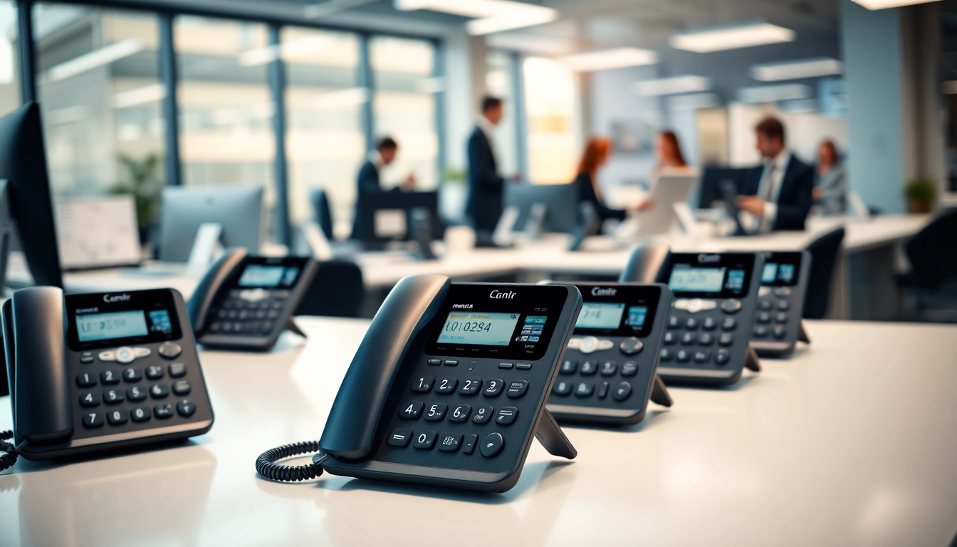 Showcasing O2 business handsets in a modern office setting, highlighting their design and functionality for professionals.