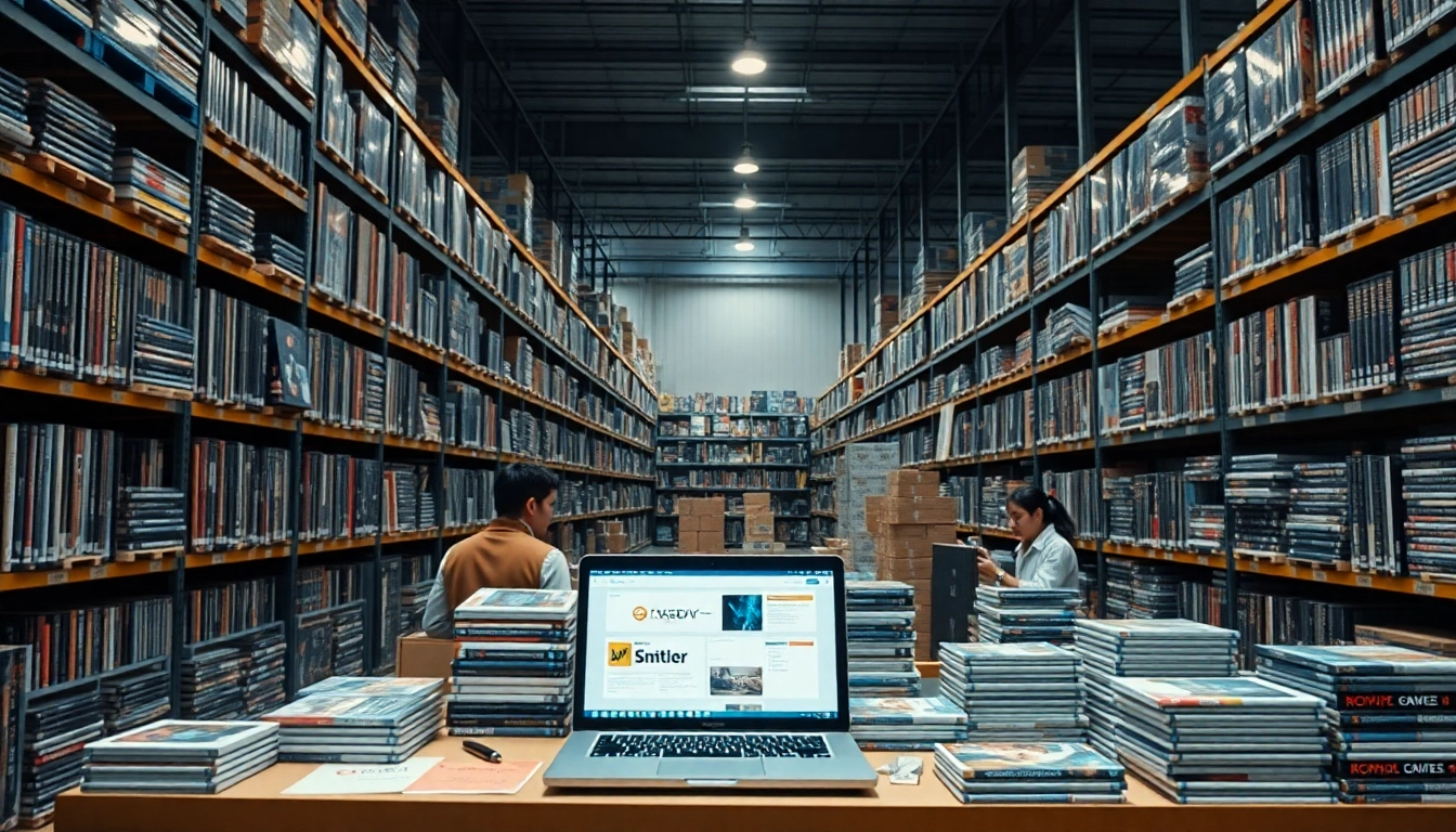 DVD distributor organizing inventory with abundant titles in a modern warehouse.