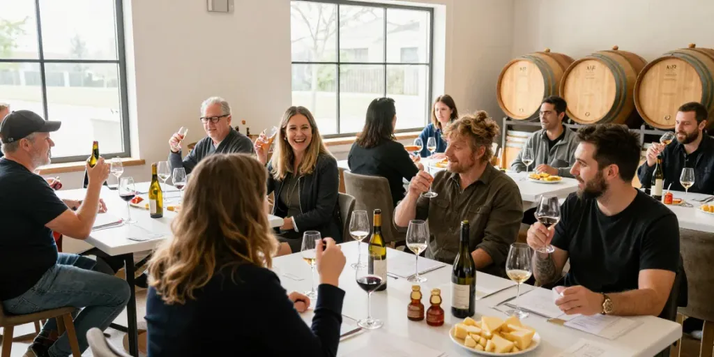 AVP Wine Collective community gathering in warm wine cellar tasting and discussing wines.