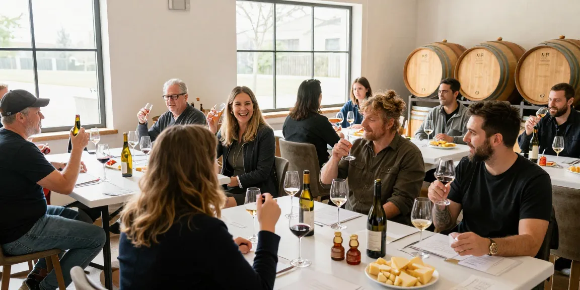 AVP Wine Collective community gathering in warm wine cellar tasting and discussing wines.