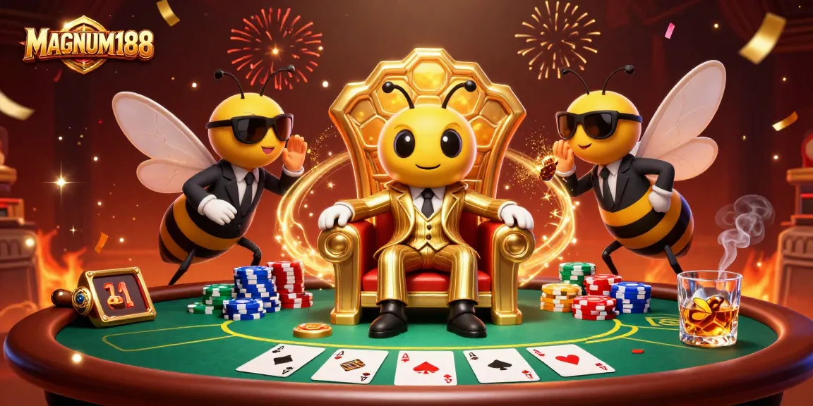 Bet on MAGNUM188 with a vibrant poker scene featuring a cartoon bumblebee mob boss and dynamic game elements.