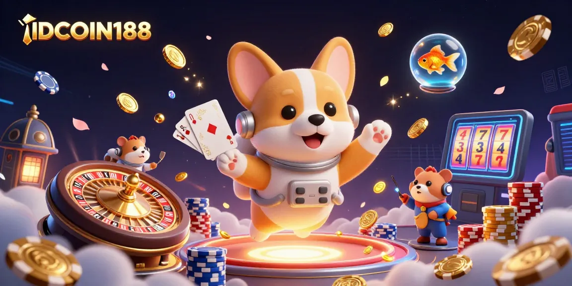 Engage in fun slots and casino games with IDCOIN188 featuring a whimsical scene of gaming characters.