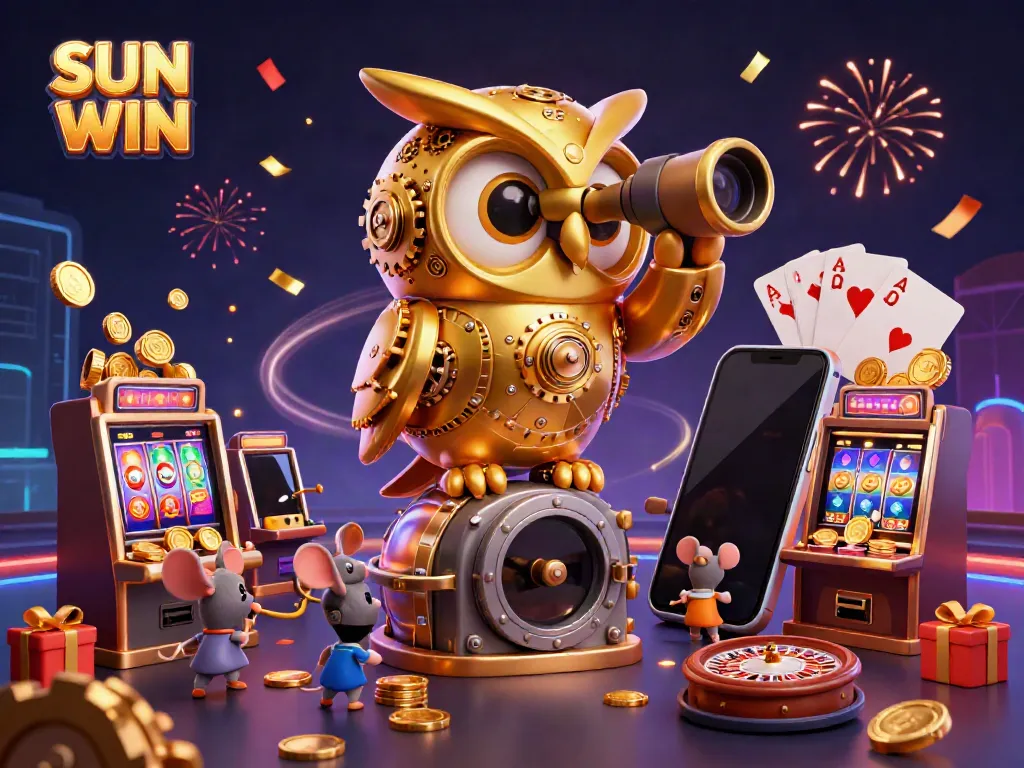Experience thrilling gaming action with SUN WIN, featuring a golden owl and vibrant slot machines.