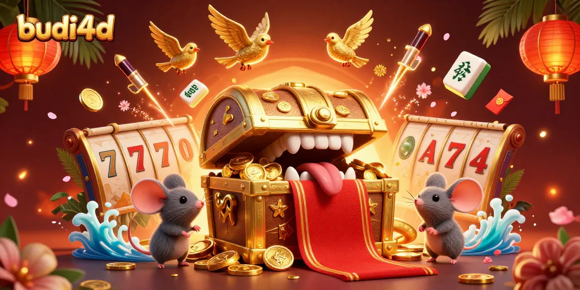 Engage with budi4d's thrilling slot games featuring a treasure chest and adventurer mice in a vibrant casino setting.