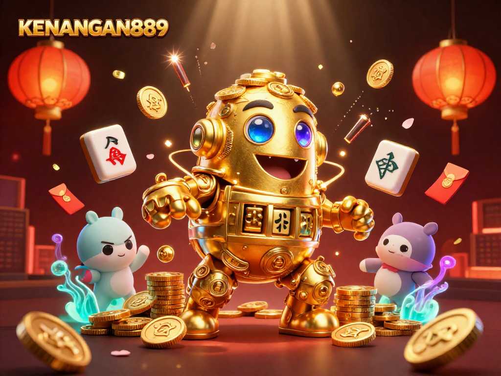 Spin the reels and win with KENANGAN889 slot games in a vibrant 3D casino scene displaying excitement and flair.