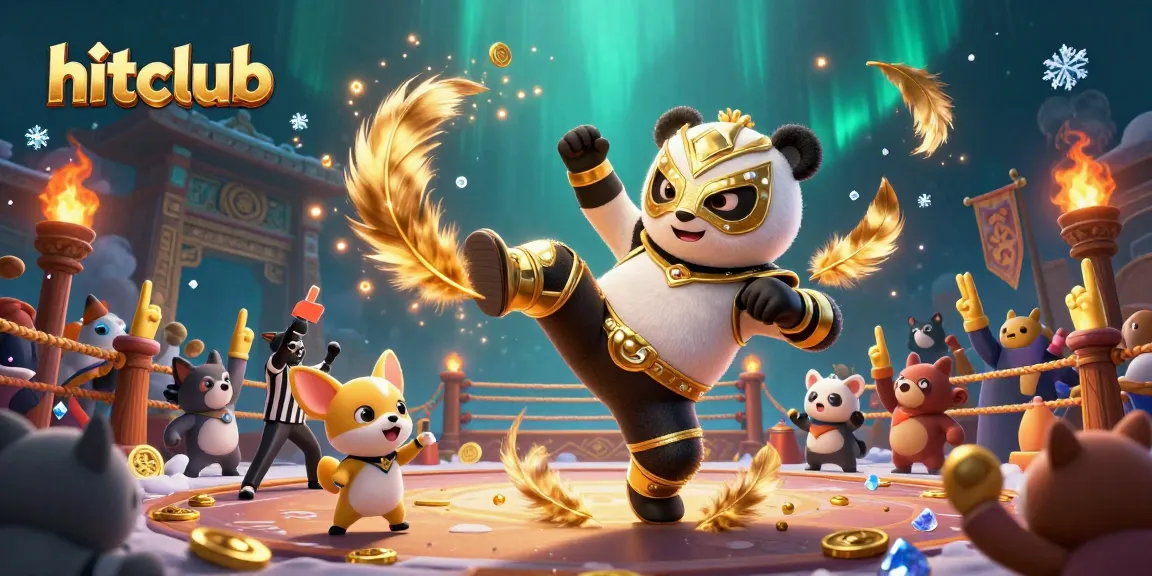 Engage in thrilling action at hitclub with a wrestling panda and lively animal audience in a vibrant casino scene.