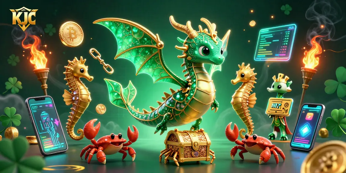 KJC offers a vibrant illustration with a sea dragon, gold, and crypto coins for immersive gaming